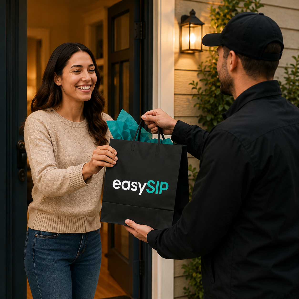 An easySIP™ courier handing a sealed delivery to a customer at her door