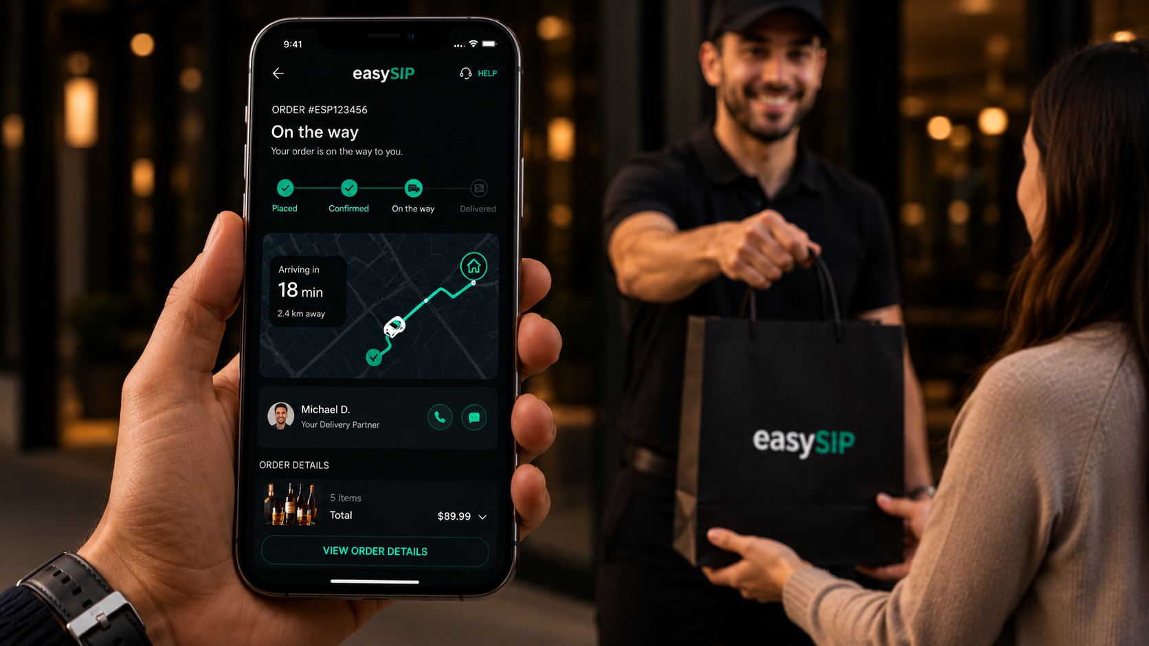 easySIP™ live tracking — on the way, arriving in 18 min