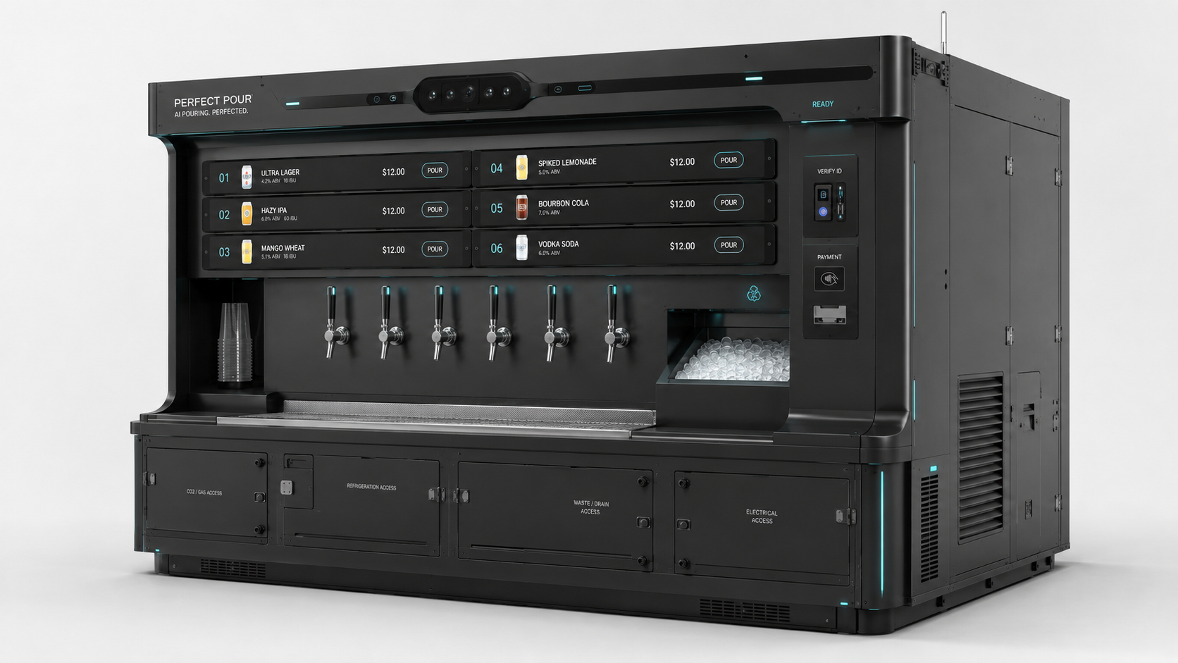 Perfect Pour™ wide bar-style unit with six taps and dual menu columns